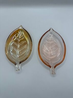 Set of 2 Pier 1 iridescent glass ring dishes. Leaf shaped trinket dish.